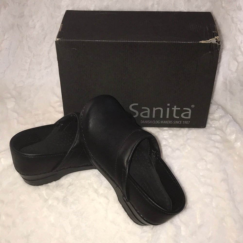 Brand New Sanita Black Leather Clogs